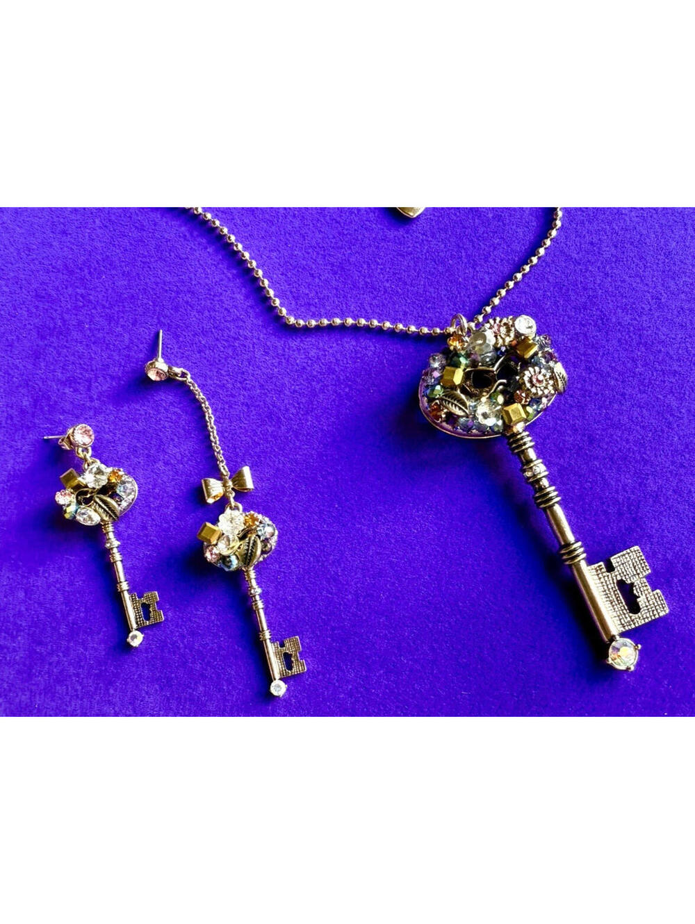 Betsey Johnson Skeleton Key Jeweled Rhinestone Necklace & Earrings Set